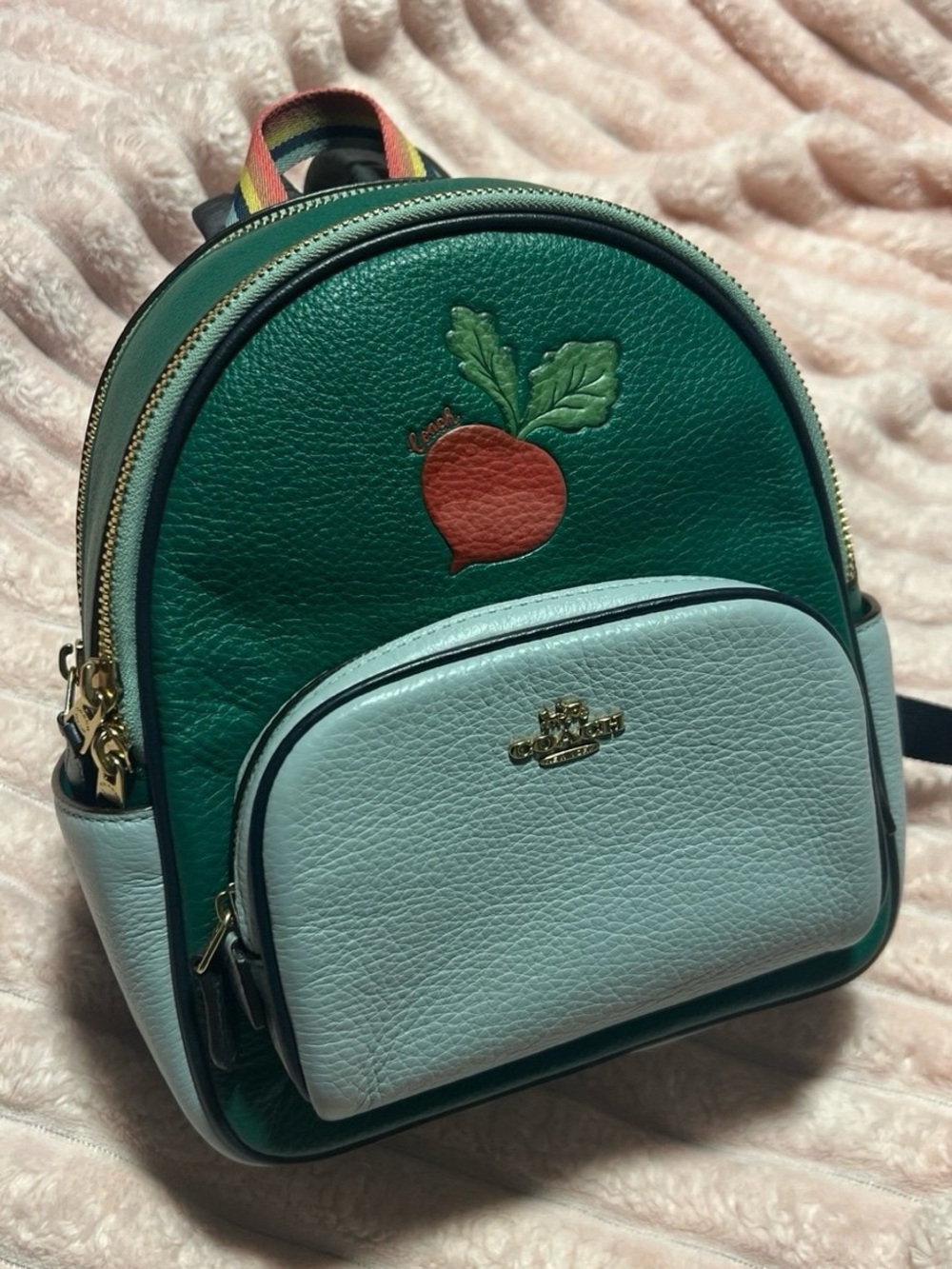 Coach Green & Light Blue Leather Mini Backpack with Radish Patch - Picture 2 of 6